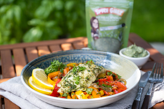 Cedar Planked Halibut with Herbalicious Compound Butter and Bell Pepper Medley