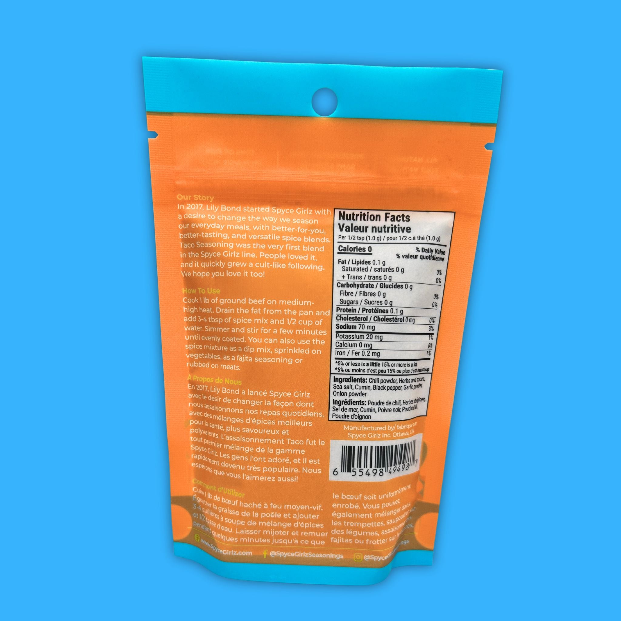 Spyce Girlz Taco Seasoning back of packaging clean ingredients Canadian no preservatives no fillers
