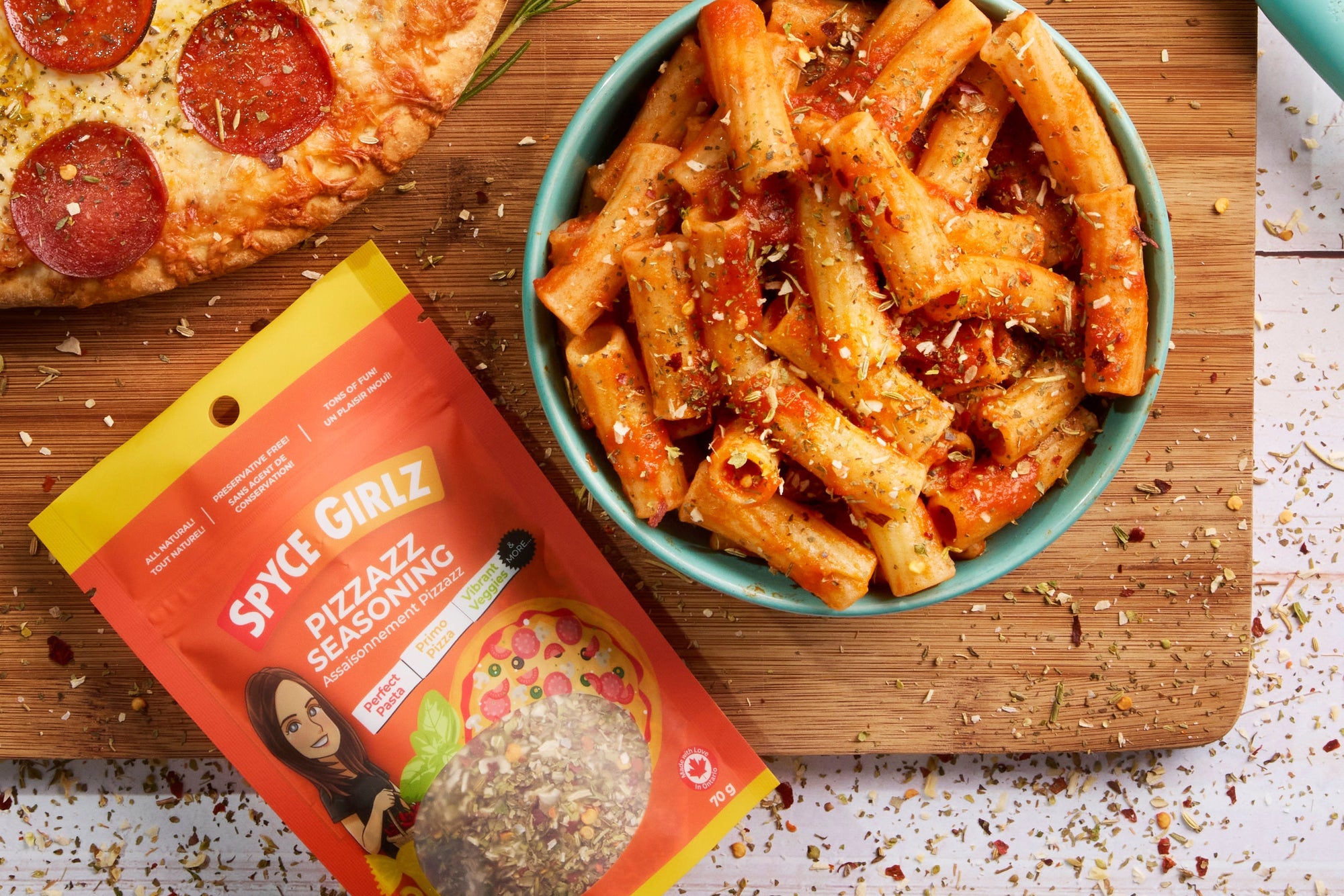 Spyce Girlz All natural Pizzazz Seasoning with italian food homemade pizza and pasta with tomato sauce