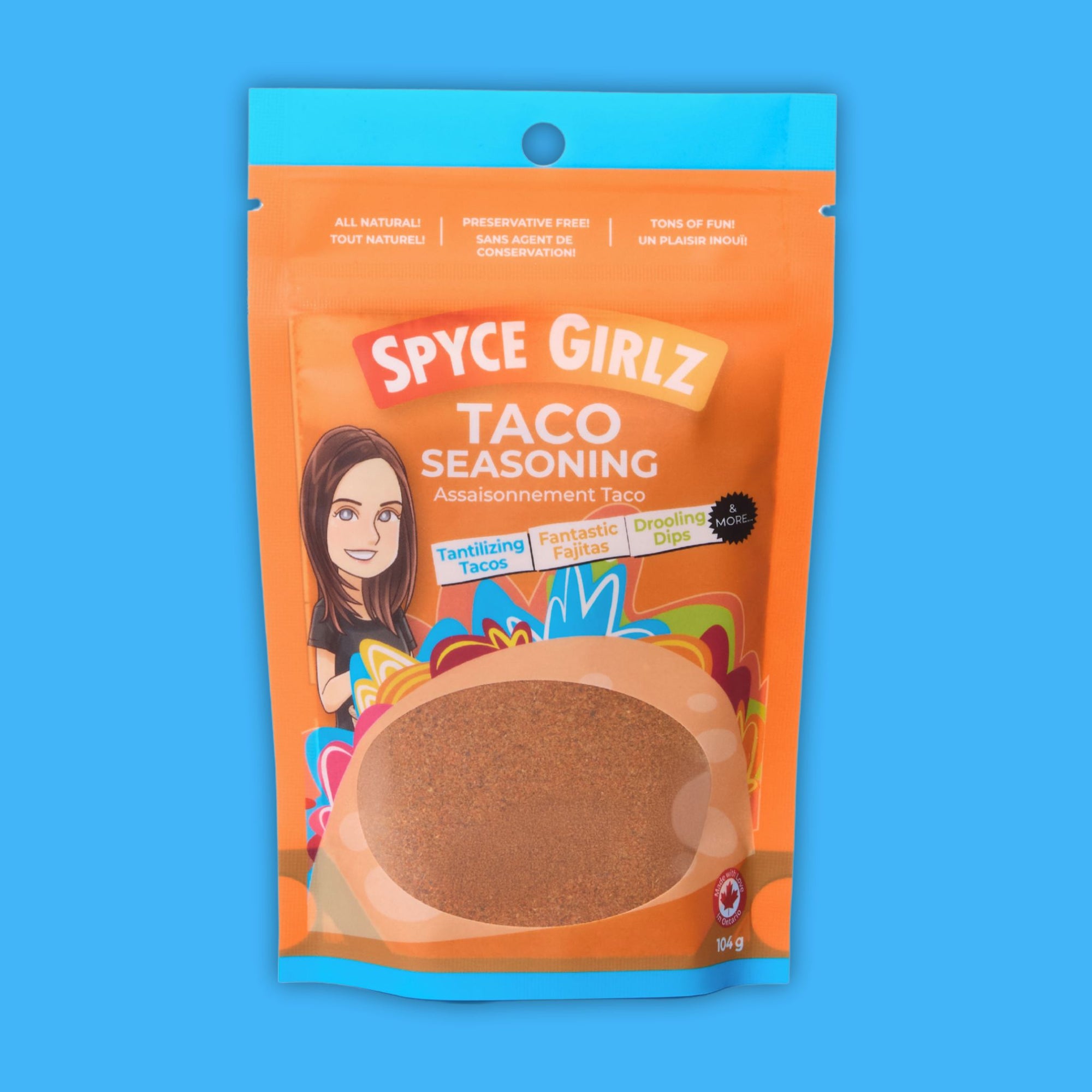 Spyce Girlz Taco Seasoning clean ingredient Canadian spice blend front of 100g pouch no preservatives no fillers