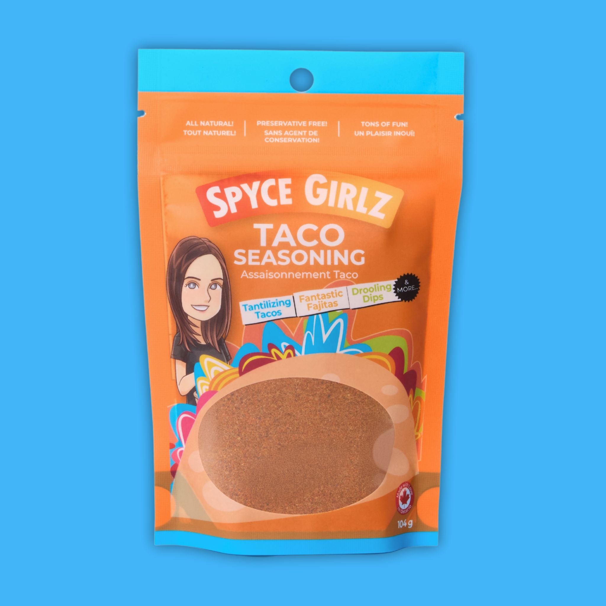 Spyce Girlz Taco Seasoning clean ingredient Canadian spice blend front of 100g pouch no preservatives no fillers